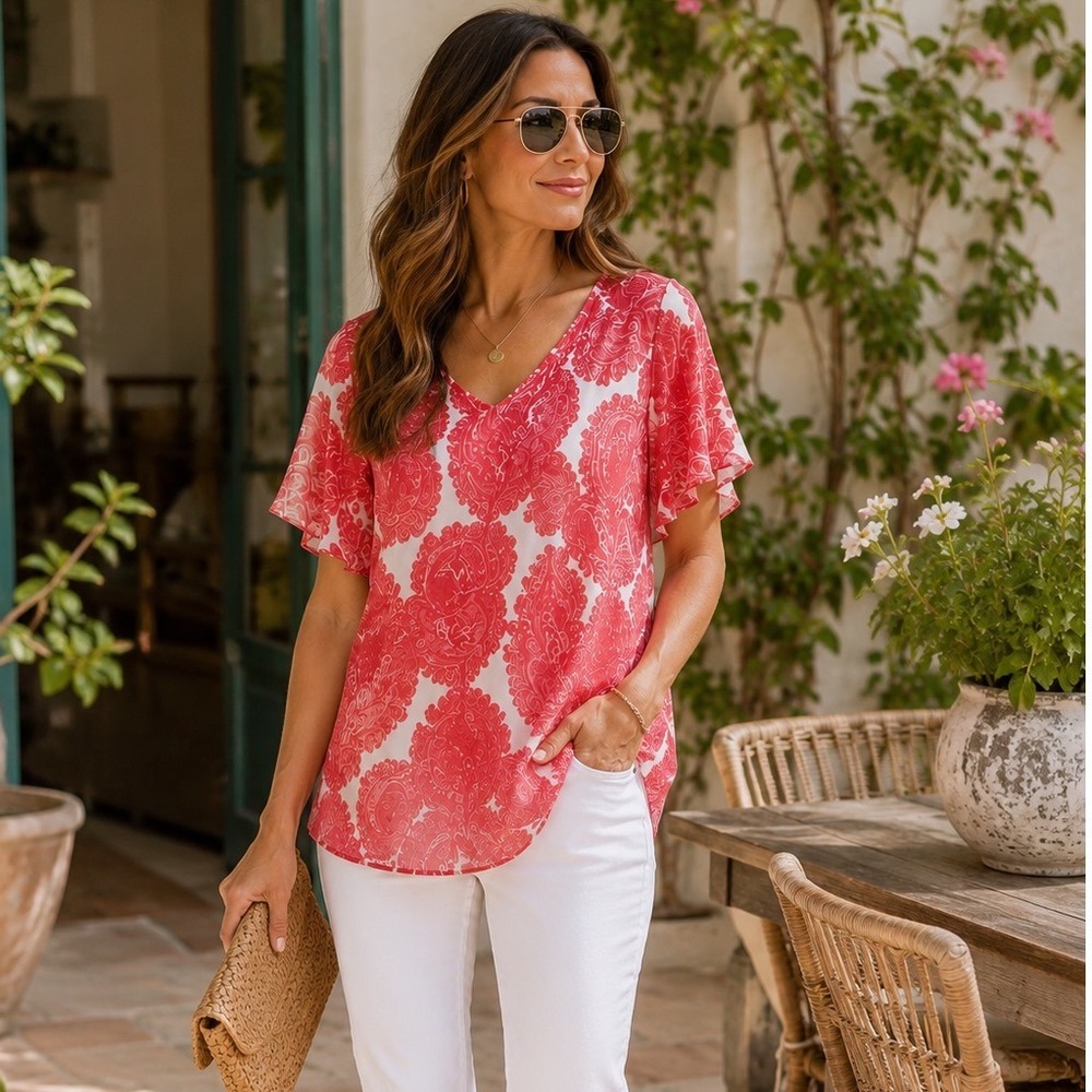 Milly Red White Paisley Silk Tunic Blouse V-Neck Flutter Sleeve Womens Size 12